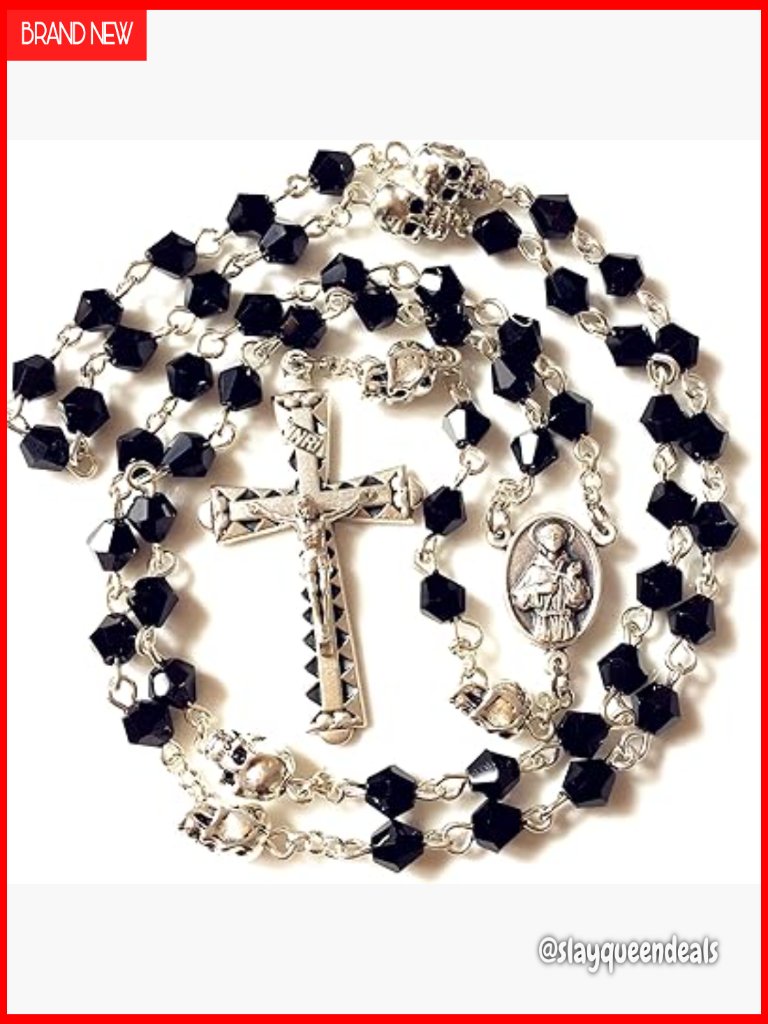 Gothic Silver Skull Beaded Rosary Crucifix Necklace